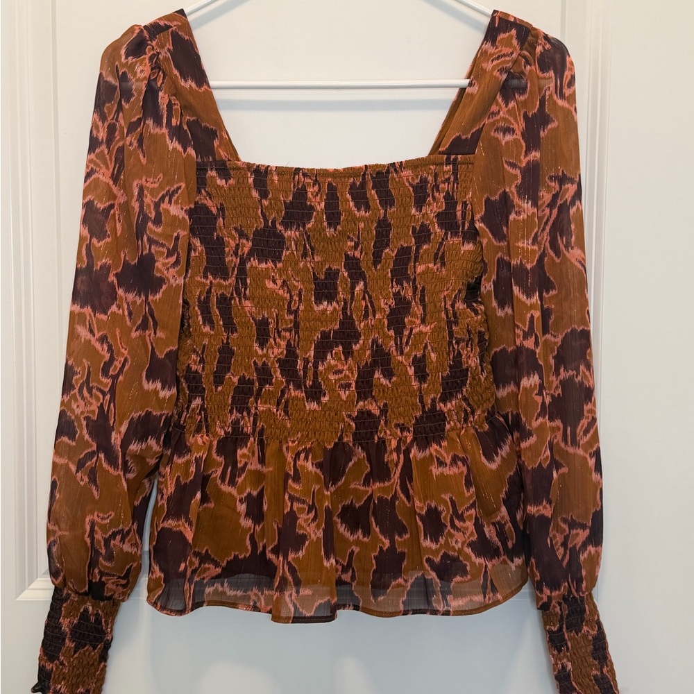 Nine West Rust Brown and Pink Smocked Square-Neck Blouse